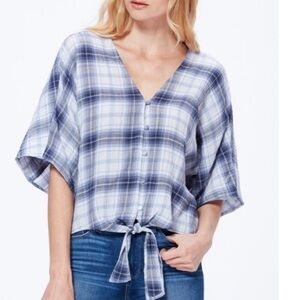 PAIGE Baylee Plaid Tie Front Cotton Blend Top In Eventide Multi